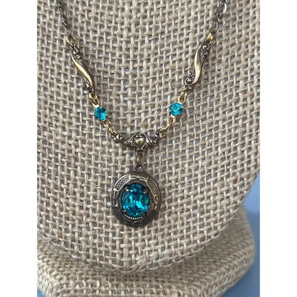 Vintage Gold Tone Sadie Turquoise Crystal Necklace Art Nouveau Pendant 19" - Picture 2 of 4